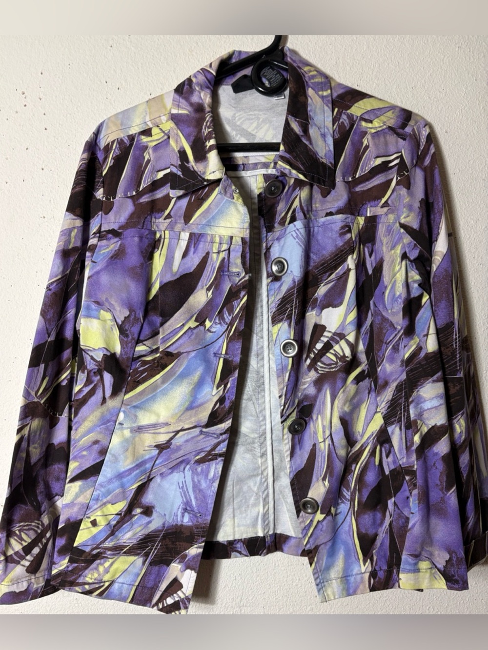 Chico's Additions Purple & Yellow Abstract Print Button Jacket 2= Large NWOT